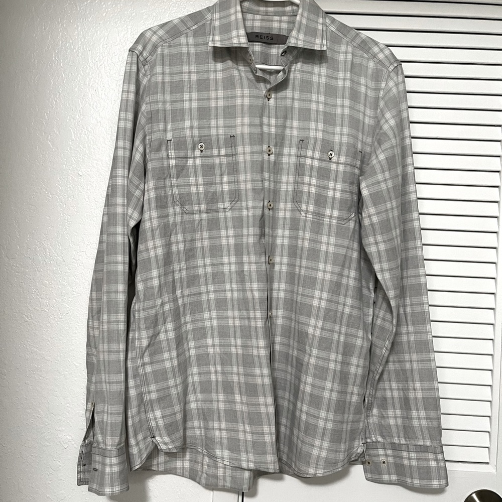 REISS Mens plaid button down long sleeve in grey